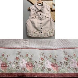 VTG Susan Bristol Women Pink Embroidered Floral Denim Jean Vest LG 90s Cottage